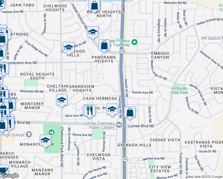 map of restaurants, bars, coffee shops, grocery stores, and more near 13309 Mountain Road Northeast in Albuquerque