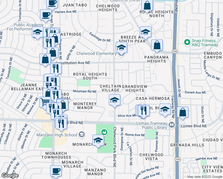 map of restaurants, bars, coffee shops, grocery stores, and more near 1109 Chelwood Park Boulevard Northeast in Albuquerque