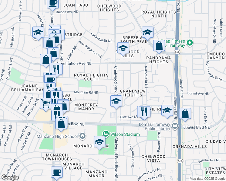 map of restaurants, bars, coffee shops, grocery stores, and more near 1109 Chelwood Park Boulevard Northeast in Albuquerque