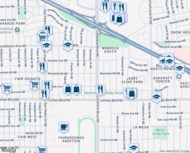 map of restaurants, bars, coffee shops, grocery stores, and more near 1311 Louisiana Boulevard Northeast in Albuquerque