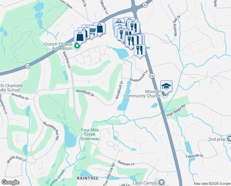 map of restaurants, bars, coffee shops, grocery stores, and more near 3400 Windbluff Drive in Charlotte