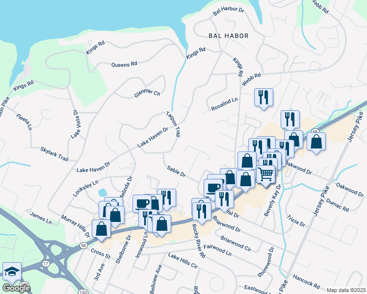 map of restaurants, bars, coffee shops, grocery stores, and more near 4705 Tarpon Trail in Chattanooga