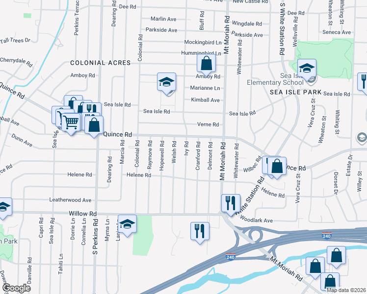 map of restaurants, bars, coffee shops, grocery stores, and more near 1485 Ivy Road in Memphis