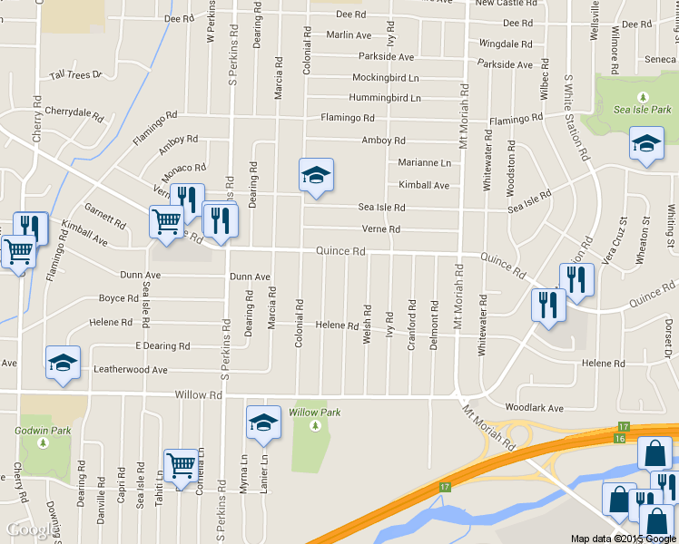 map of restaurants, bars, coffee shops, grocery stores, and more near 4827 Quince Road in Memphis