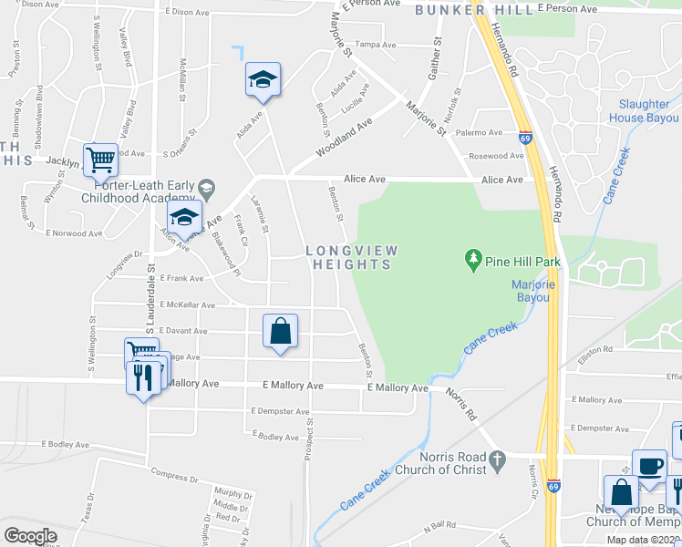 map of restaurants, bars, coffee shops, grocery stores, and more near 2045 Benton Street in Memphis