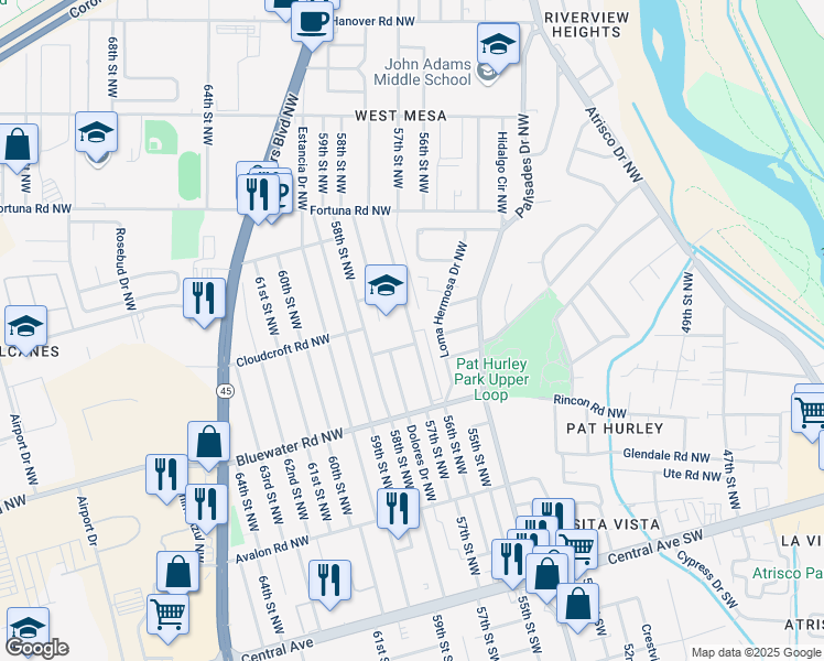 map of restaurants, bars, coffee shops, grocery stores, and more near 501 57th Street Northwest in Albuquerque