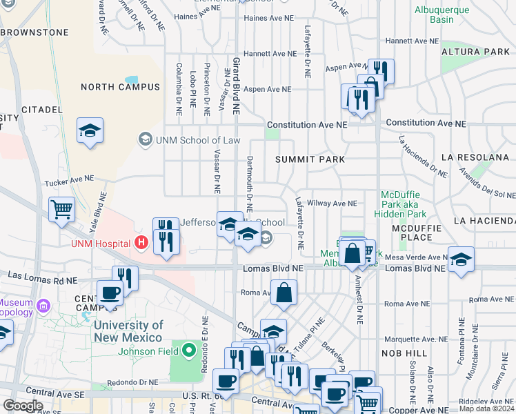 map of restaurants, bars, coffee shops, grocery stores, and more near 3005 Delano Place Northeast in Albuquerque