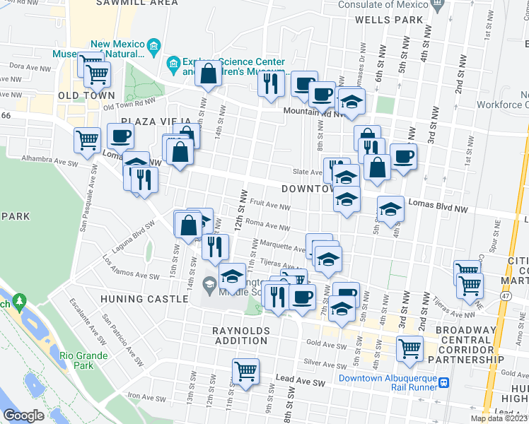 map of restaurants, bars, coffee shops, grocery stores, and more near 512 11th Street Northwest in Albuquerque
