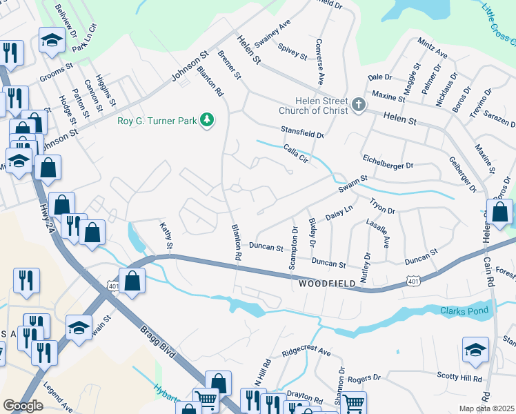 map of restaurants, bars, coffee shops, grocery stores, and more near 1849 Tryon Drive in Fayetteville