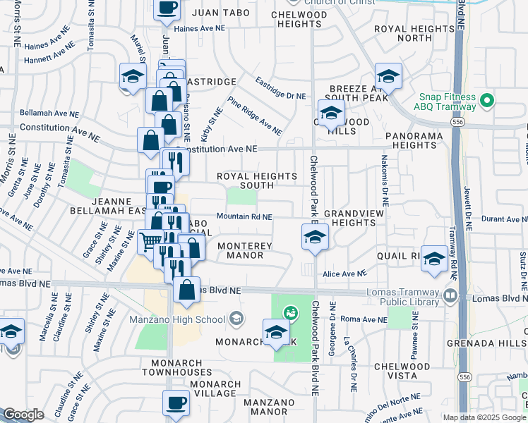 map of restaurants, bars, coffee shops, grocery stores, and more near 12405 Mountain Road Northeast in Albuquerque