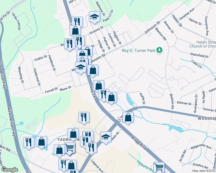 map of restaurants, bars, coffee shops, grocery stores, and more near 1292 North Forest Drive in Fayetteville