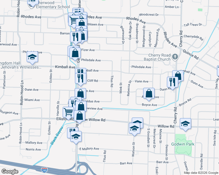 map of restaurants, bars, coffee shops, grocery stores, and more near 4077 Oak Cliff Road in Memphis