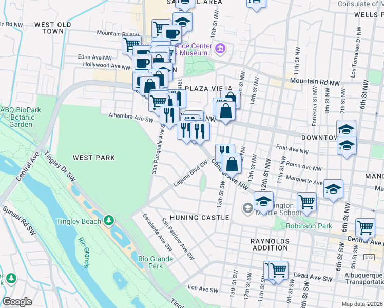 map of restaurants, bars, coffee shops, grocery stores, and more near 1716 Central Avenue Southwest in Albuquerque