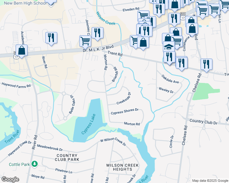 map of restaurants, bars, coffee shops, grocery stores, and more near 4904 Meadow Court Drive in New Bern