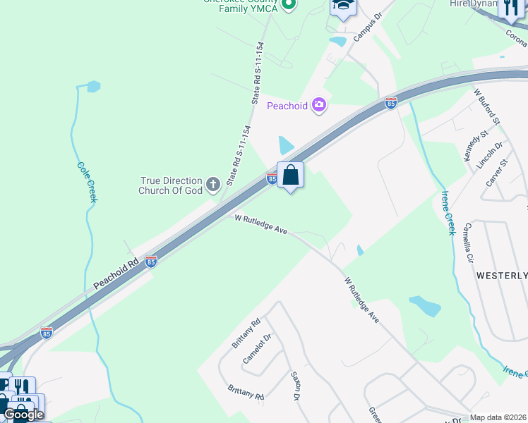 map of restaurants, bars, coffee shops, grocery stores, and more near 1820 West Rutledge Avenue in Gaffney