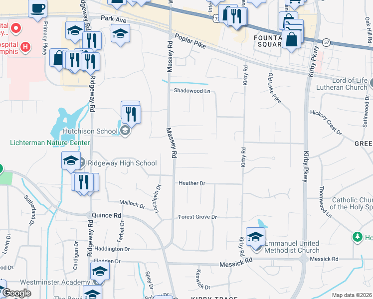 map of restaurants, bars, coffee shops, grocery stores, and more near 6399 Candlewood Cove in Memphis