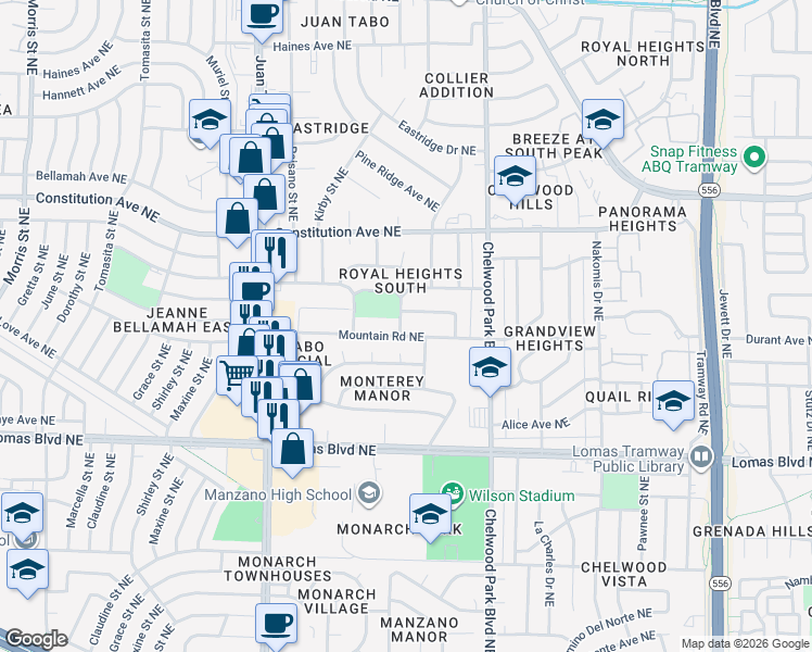 map of restaurants, bars, coffee shops, grocery stores, and more near 12412 Rosemont Avenue Northeast in Albuquerque
