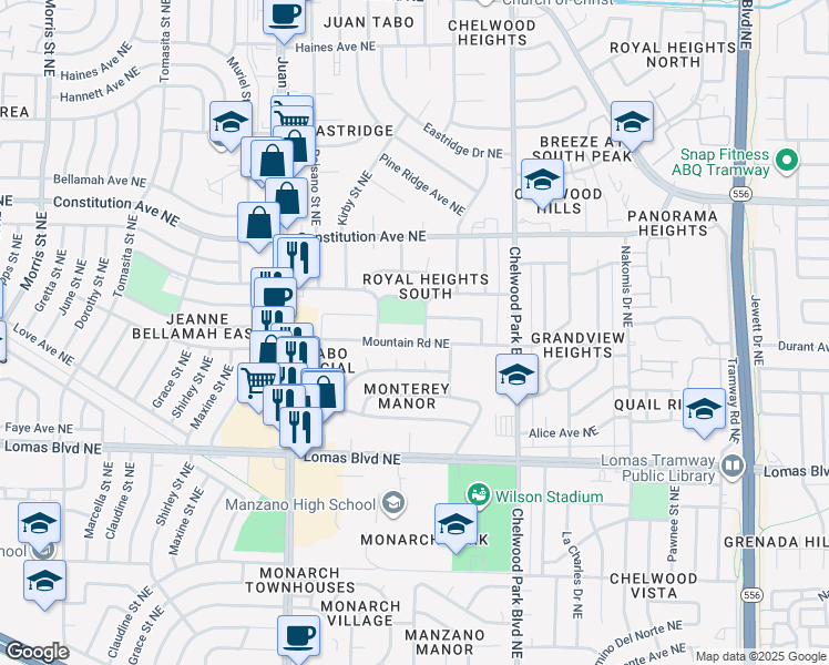 map of restaurants, bars, coffee shops, grocery stores, and more near 1115 Zena Lona Street in Albuquerque