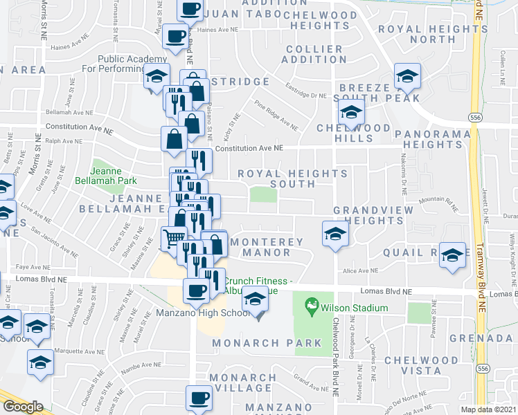 map of restaurants, bars, coffee shops, grocery stores, and more near 1115 Zena Lona Street in Albuquerque