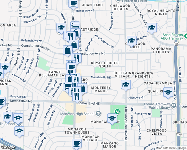 map of restaurants, bars, coffee shops, grocery stores, and more near 12212 Rosemont Avenue Northeast in Albuquerque
