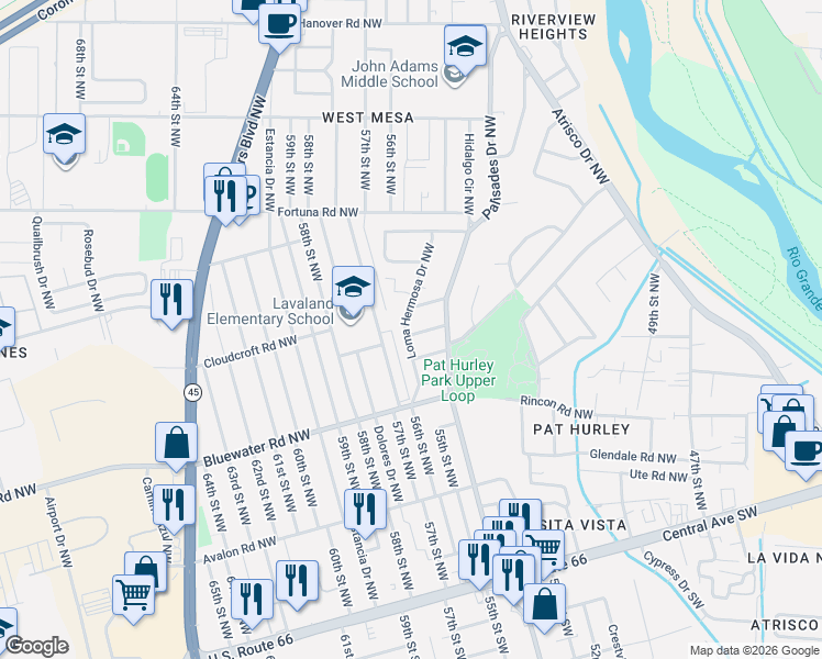 map of restaurants, bars, coffee shops, grocery stores, and more near 481 Loma Hermosa Drive Northwest in Albuquerque