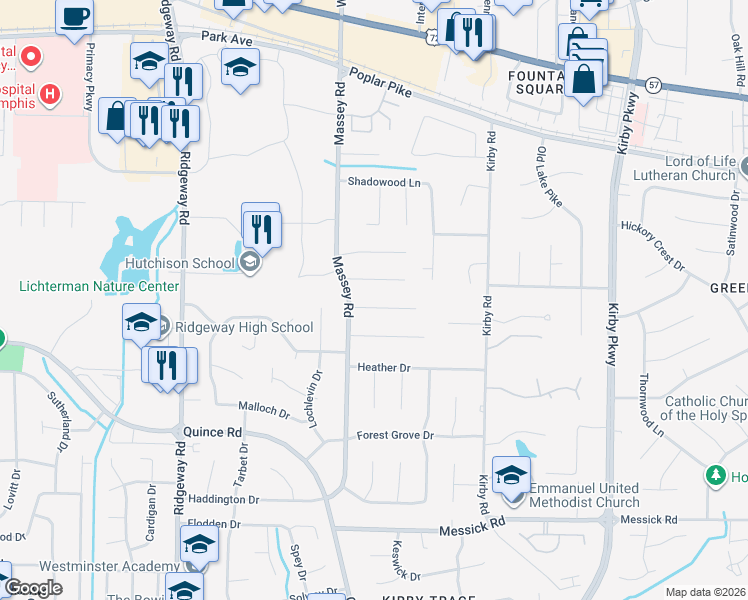 map of restaurants, bars, coffee shops, grocery stores, and more near 6399 Candlewood Cove in Memphis