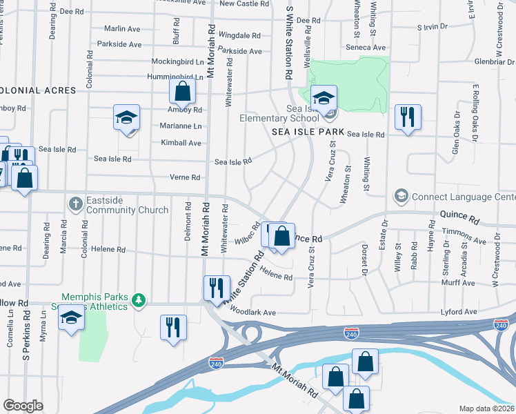 map of restaurants, bars, coffee shops, grocery stores, and more near 5048 Quince Road in Memphis