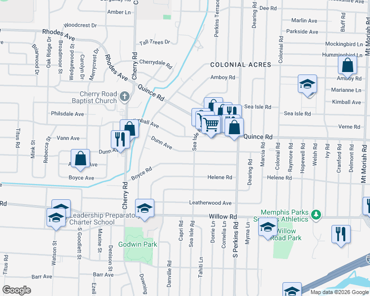 map of restaurants, bars, coffee shops, grocery stores, and more near 4519 Kimball Avenue in Memphis