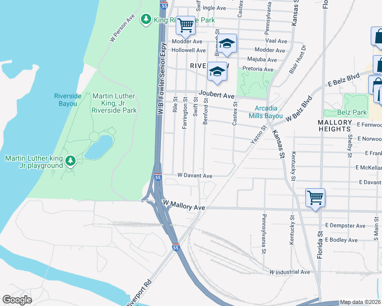 map of restaurants, bars, coffee shops, grocery stores, and more near 2076 Swift Street in Memphis