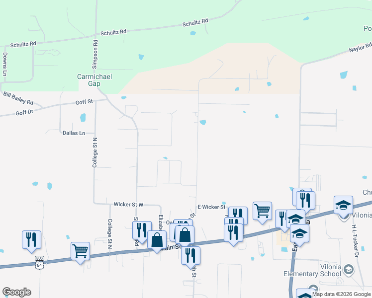 map of restaurants, bars, coffee shops, grocery stores, and more near 59 North Church Street in Vilonia