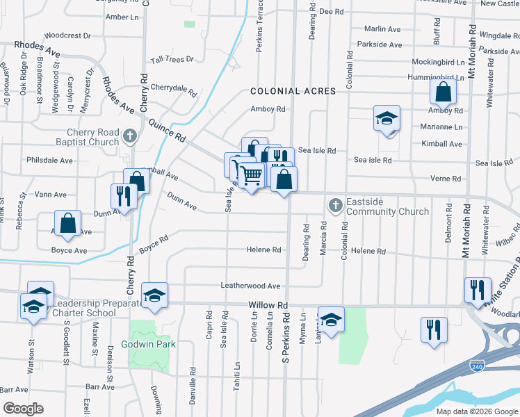 map of restaurants, bars, coffee shops, grocery stores, and more near 4598 Dunn Road in Memphis