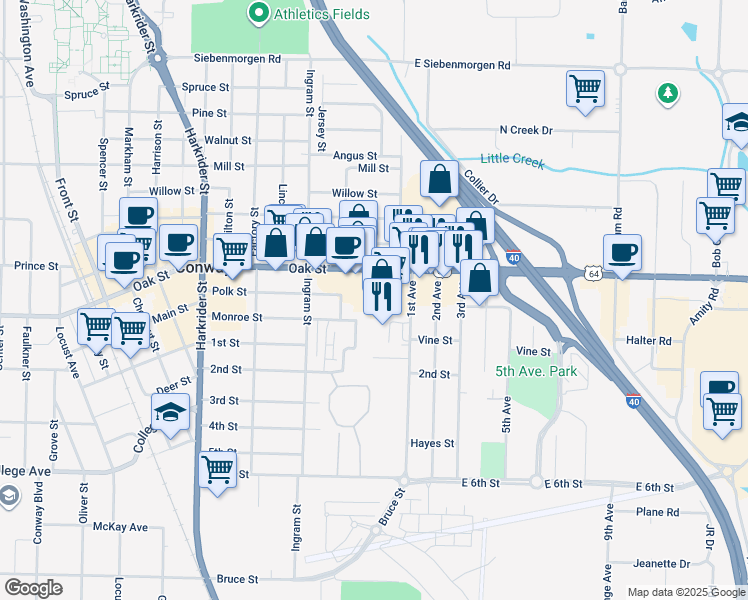 map of restaurants, bars, coffee shops, grocery stores, and more near 311 Oak Street in Conway