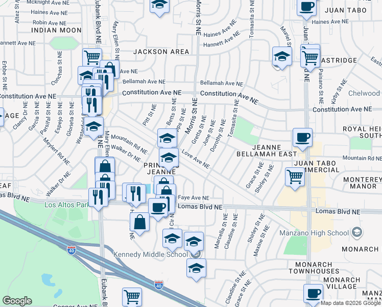 map of restaurants, bars, coffee shops, grocery stores, and more near 1107 Gretta Street Northeast in Albuquerque