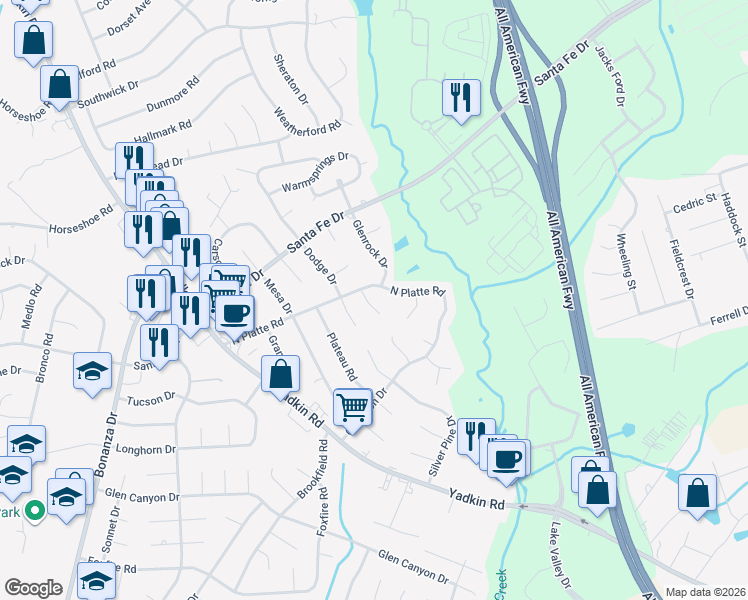 map of restaurants, bars, coffee shops, grocery stores, and more near 510-512 North Platte Road in Fayetteville