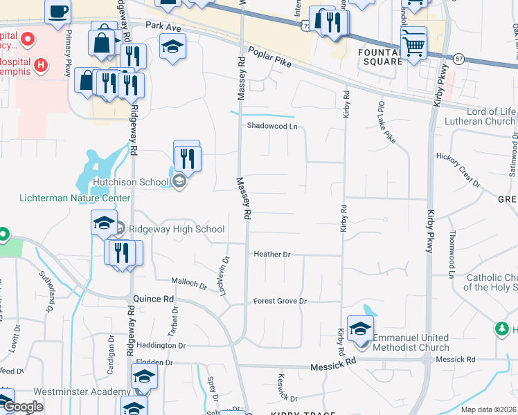 map of restaurants, bars, coffee shops, grocery stores, and more near 6355 Candlewood Cove in Memphis