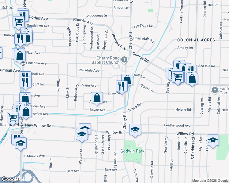 map of restaurants, bars, coffee shops, grocery stores, and more near 4314 Dunn Avenue in Memphis