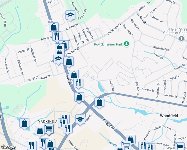 map of restaurants, bars, coffee shops, grocery stores, and more near 1221 Huntsman Court in Fayetteville