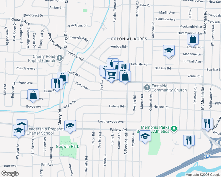 map of restaurants, bars, coffee shops, grocery stores, and more near 4571 Quince Road in Memphis