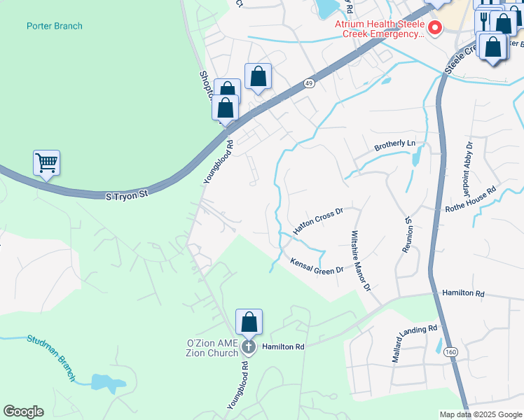 map of restaurants, bars, coffee shops, grocery stores, and more near 14033 Hatton Cross Drive in Charlotte