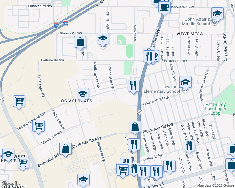 map of restaurants, bars, coffee shops, grocery stores, and more near 6500 Los Volcanes Road Northwest in Albuquerque