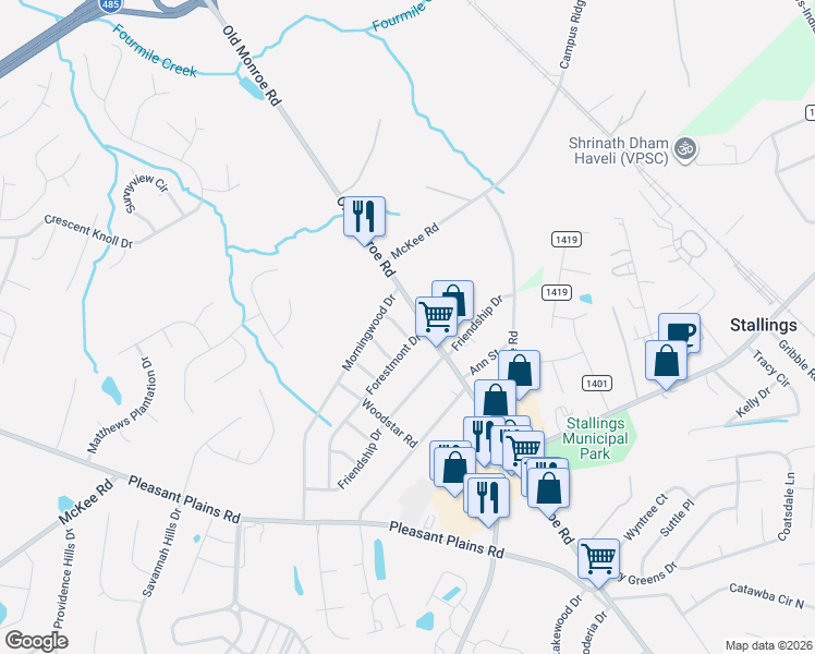 map of restaurants, bars, coffee shops, grocery stores, and more near 2330 East John Street in Matthews