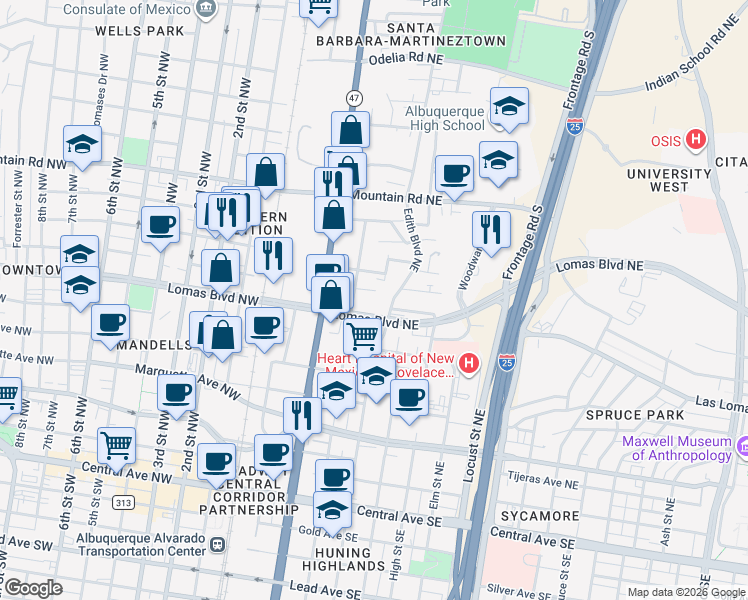 map of restaurants, bars, coffee shops, grocery stores, and more near 423 Placido Martinez Court Northeast in Albuquerque