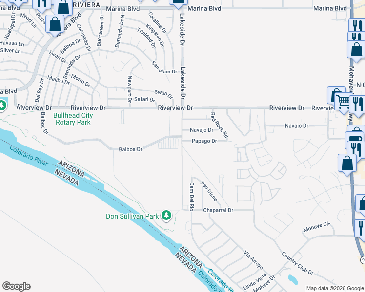 map of restaurants, bars, coffee shops, grocery stores, and more near 2400 Bojorquez Ranch Road in Bullhead City