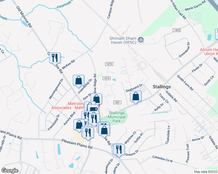 map of restaurants, bars, coffee shops, grocery stores, and more near 2508 Community Park Drive in Matthews
