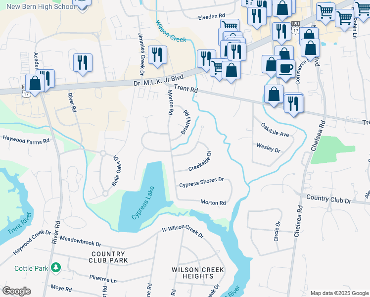 map of restaurants, bars, coffee shops, grocery stores, and more near 4904 Meadow Court Drive in New Bern