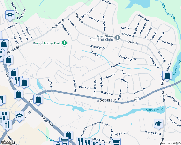 map of restaurants, bars, coffee shops, grocery stores, and more near 1825 Tryon Drive in Fayetteville