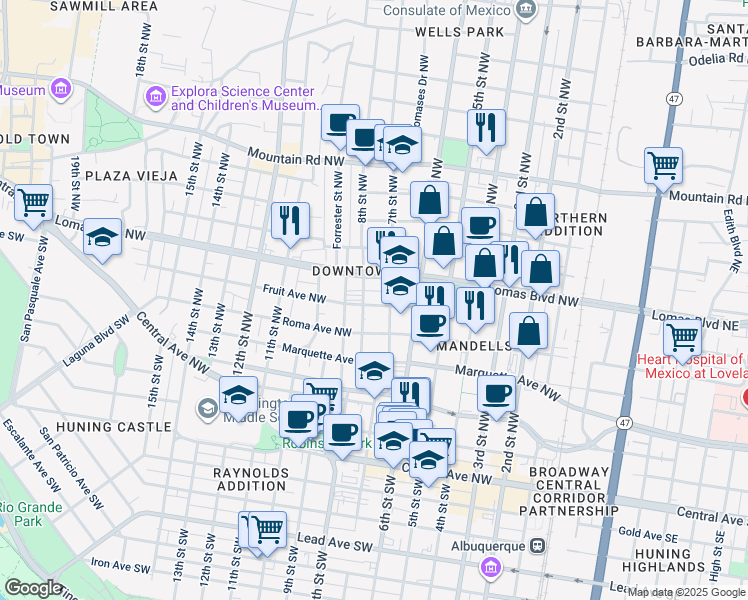 map of restaurants, bars, coffee shops, grocery stores, and more near 715 Fruit Avenue Northwest in Albuquerque