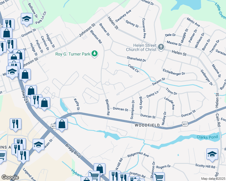 map of restaurants, bars, coffee shops, grocery stores, and more near 1895 Tryon Drive in Fayetteville