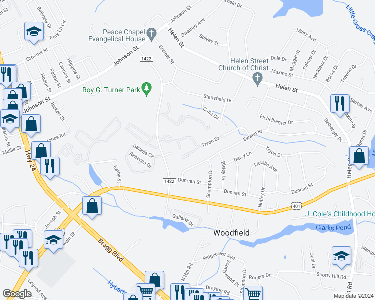 map of restaurants, bars, coffee shops, grocery stores, and more near 1853 Tryon Drive in Fayetteville