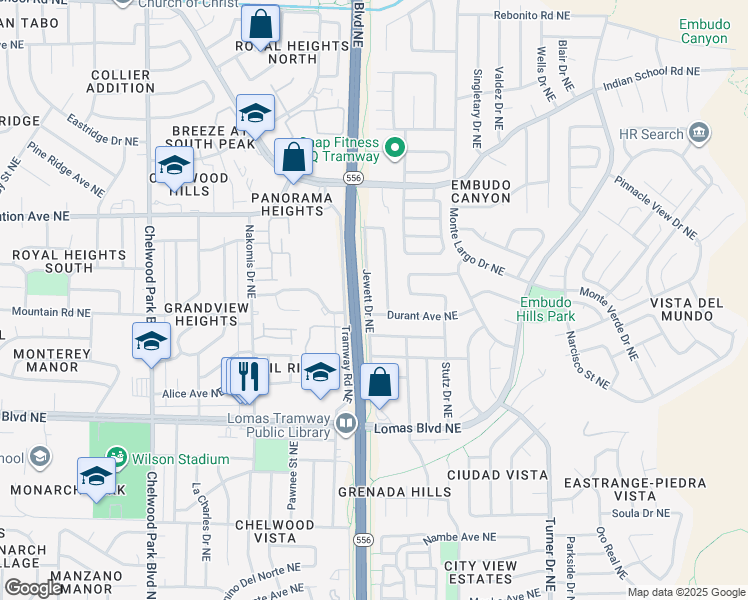 map of restaurants, bars, coffee shops, grocery stores, and more near 1412 Jewett Drive Northeast in Albuquerque